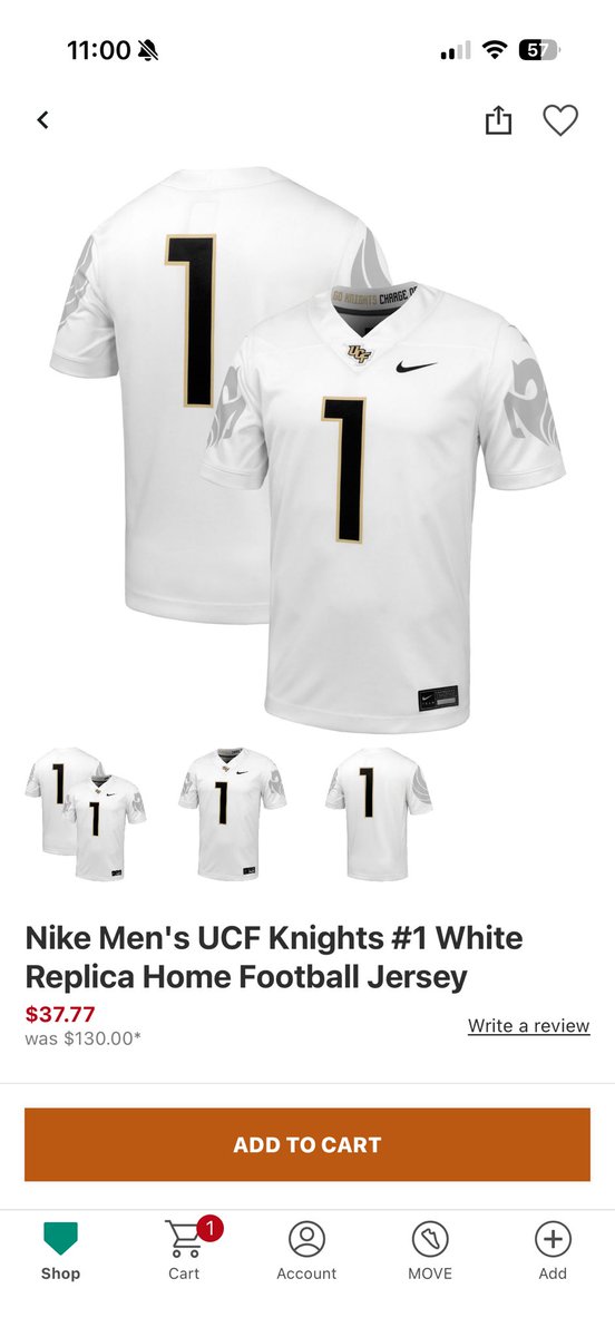 LauraUCF's tweet photo. UCF fans: Dick’s Sporting Goods online site currently has two Nike UCF jerseys on sale. Available in XXL only. 
Black is $53 and white is $37 👀 
Just in time for football season #ChargeOn https://t.co/koaqYDgw14