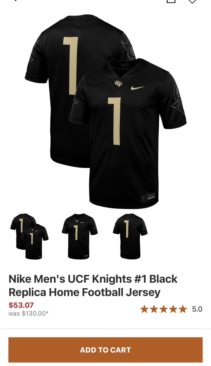 LauraUCF's tweet photo. UCF fans: Dick’s Sporting Goods online site currently has two Nike UCF jerseys on sale. Available in XXL only. 
Black is $53 and white is $37 👀 
Just in time for football season #ChargeOn https://t.co/koaqYDgw14