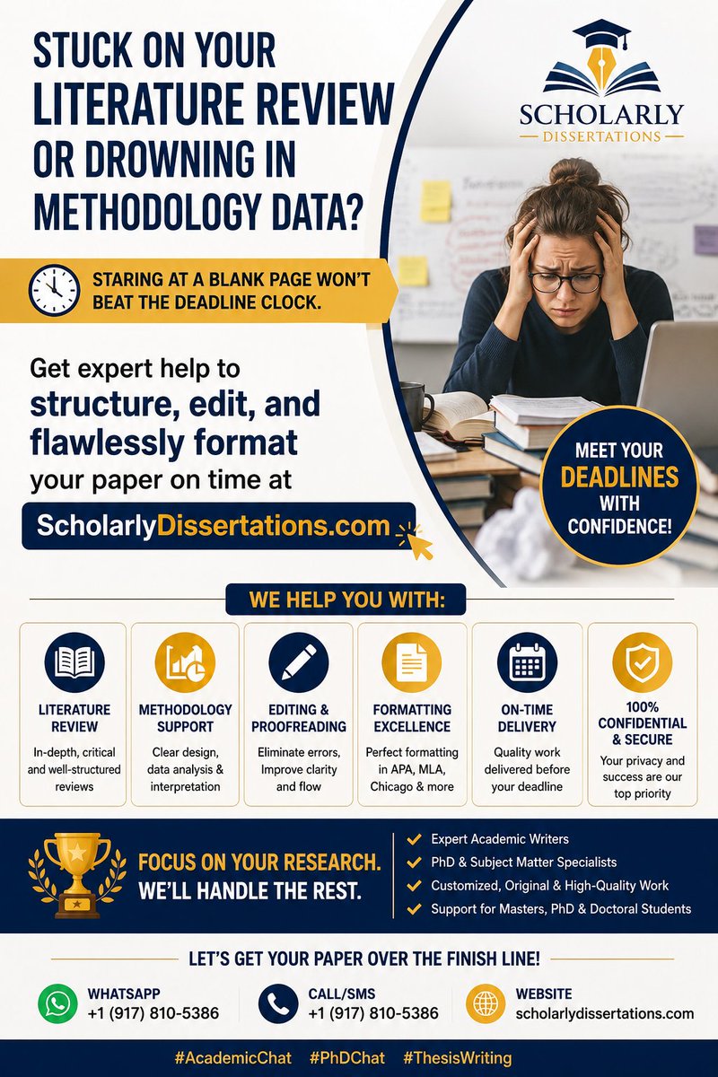 SDissertations's tweet photo. Stuck on your literature review or drowning in methodology data? Staring at a blank page won't beat the deadline clock.
Get expert help to structure, edit, and flawlessy format your paper on time at https://t.co/EE4s4a7r0V.
#AcademicChat #PhDChat #ThesisWriting https://t.co/ycPDtLzagl