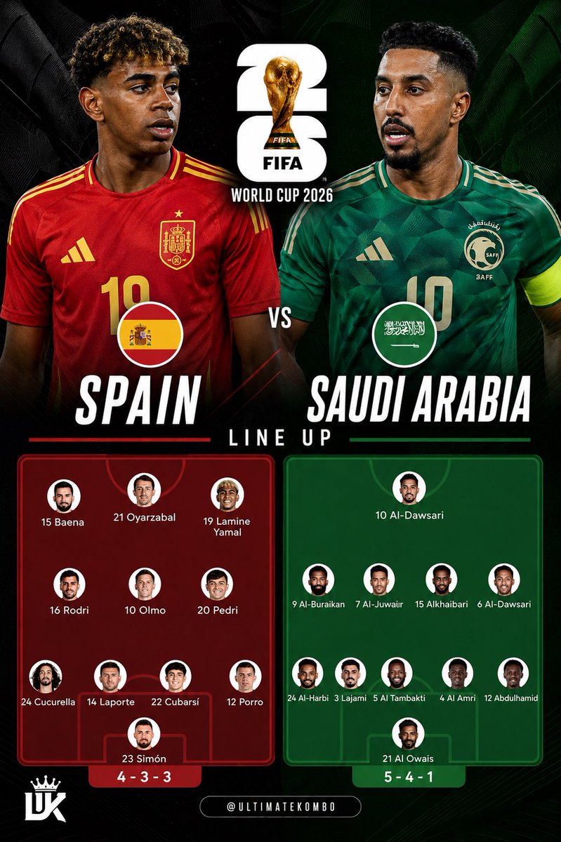 Wheels_gon7jyk's tweet photo. Time to repeat history! 🇪🇸⚔️🇸🇦 Spain to demolish Saudi Arabia 5-0 just like we did in 2012! Time to secure those 3 points in Atlanta and dominate Group H! 💥⚽ #SPAKSA #FIFAWorldCup26 #LaRoja https://t.co/NyrUV0qUPk