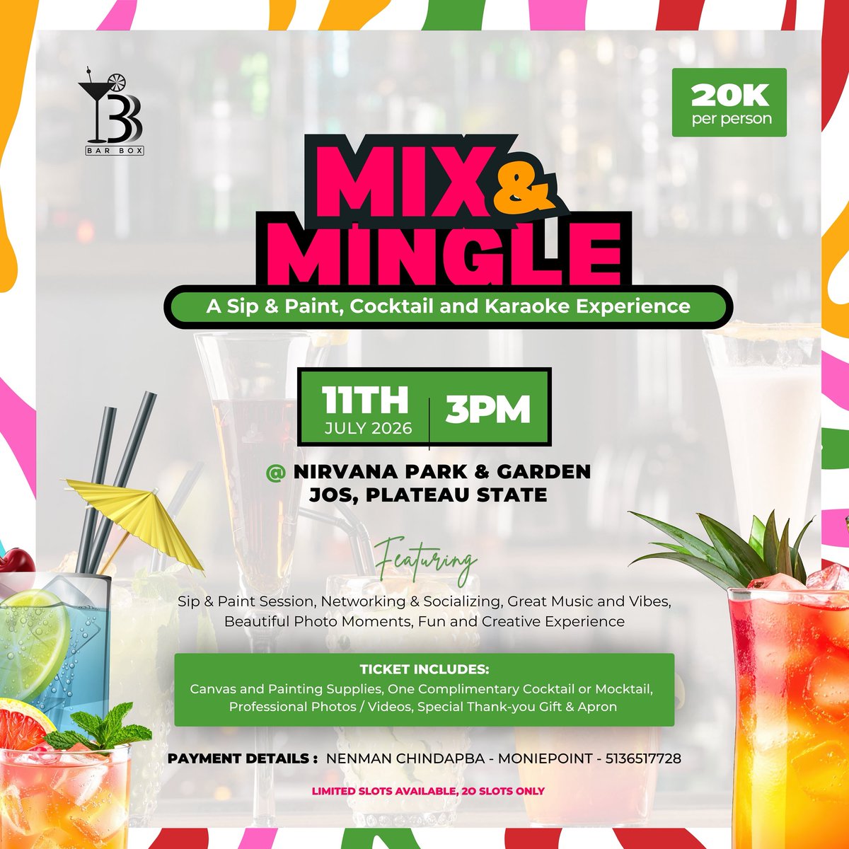 NenmanC's tweet photo. Hey there ! 💕✨
If you're in the city of Jos, I have something very exciting for you this July! 🎨🍸🎤
BARBOX &amp; Nirvana Park is hosting MIX &amp; MINGLE, a fun-filled Sip &amp; Paint experience where you'll get to enjoy cocktails/mocktails, painting, karaoke, networking, great music… https://t.co/LPHOPlhTXU