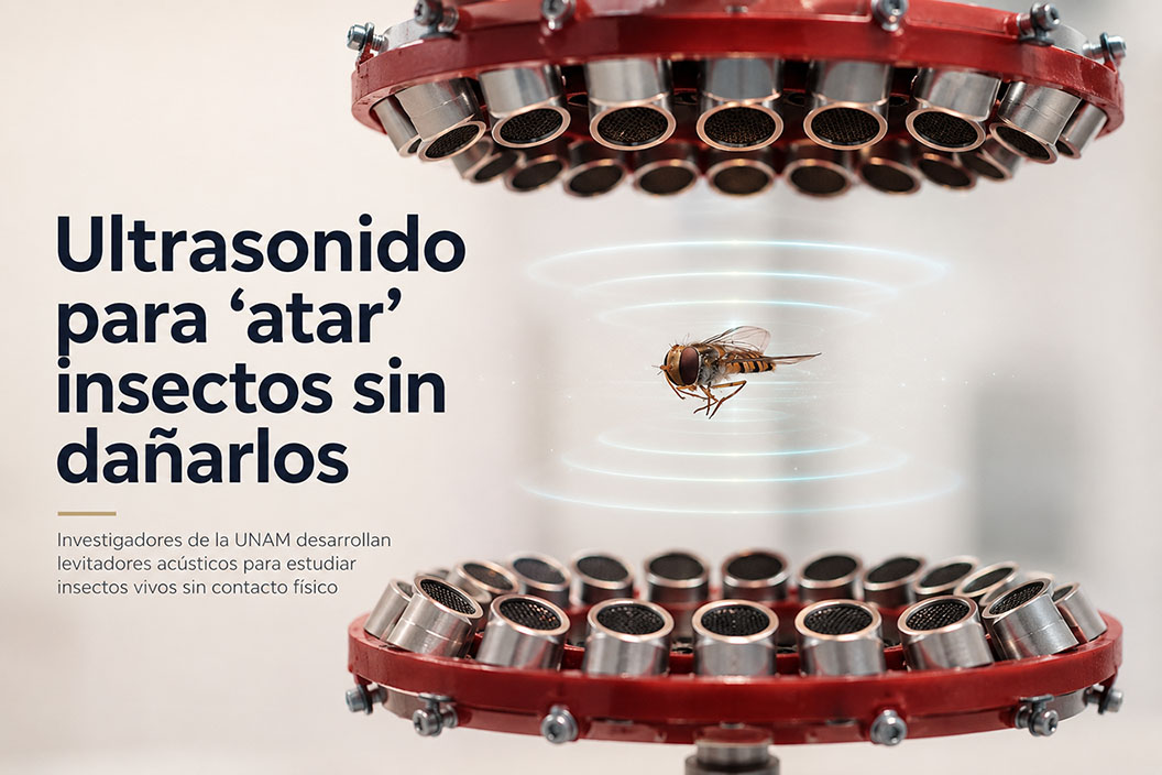 unamglobal's tweet photo. 🐝 ¿Estudiar un insecto vivo sin tocarlo? Durante los últimos seis años, investigadores del @icf_unam han diseñado y perfeccionado dispositivos acústicos que permiten suspender moscas y abejas mediante ondas ultrasónicas, sin contacto físico ➡️ https://t.co/P1gUyf7Gqa https://t.co/dwZUq2406C
