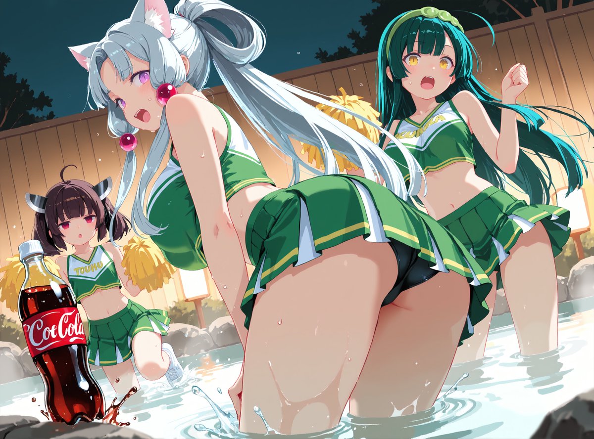 CoreGrafx's tweet photo. 「少女三人が温泉でチア服着てダイナミックに暴れたらコーラが爆発」ってプロンプト入れたけど、コーラが爆発以外はそこそこ認識してるねanima
#AIイラスト https://t.co/Ndugp6rU4r