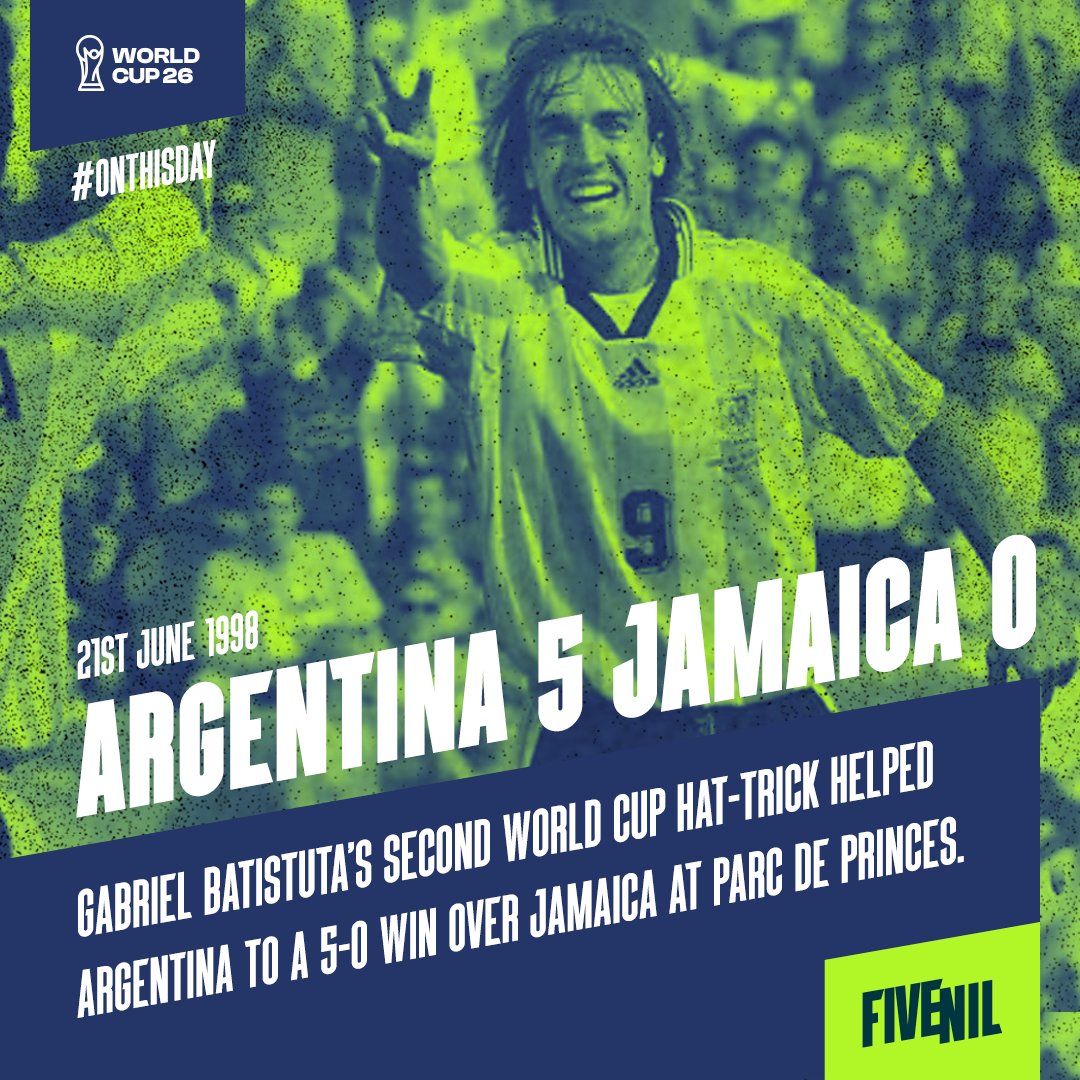 FiveNilStats's tweet photo. 📆 21st June 1998

🇦🇷 Argentina 5 🇯🇲 Jamaica 0 
⚽️⚽️ Ortega - 32', 56'
⚽️⚽️⚽️ Batistuta - 73', 81', 84' Pen

#WorldCup #FiveNil #OnThisDay https://t.co/dbHPNzOE2P