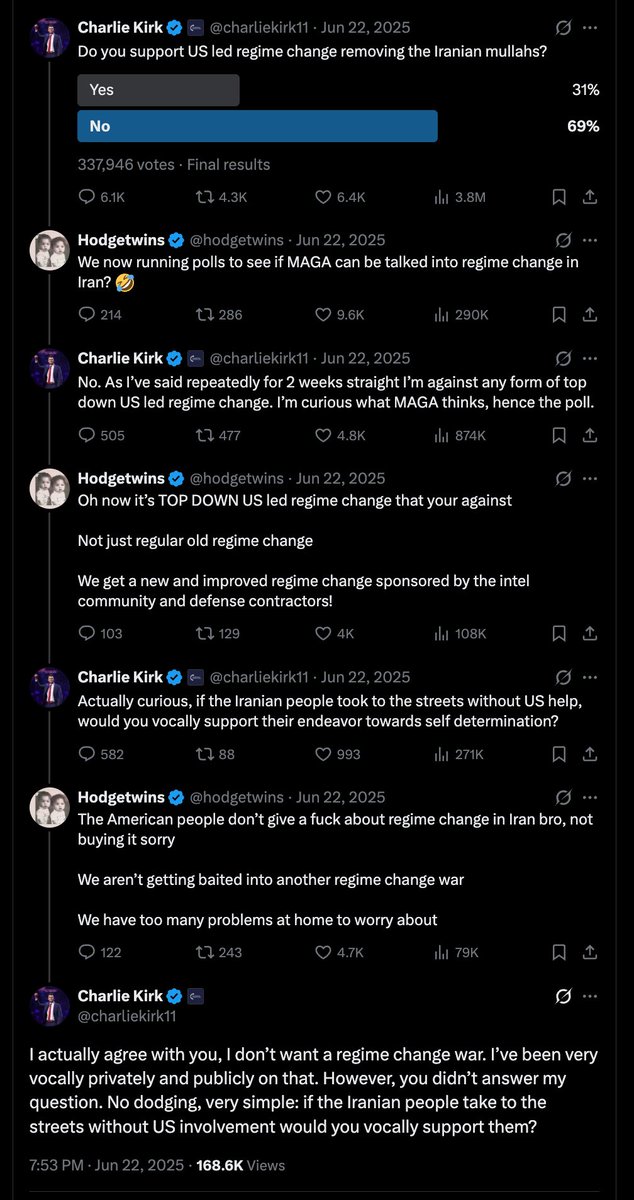 Villgecrazylady's tweet photo. So according to the text exchange Loomer just shared (assuming she’s on PST rn) Charlie Kirk messaged her 2 minutes after he had this exchange with the Hodge twins on X. 

But that only works if she is on PST… otherwise this is a message to someone else, which would make a lot more sense…. 

Although only complete dumbasses like Loomer attribute not wanting the US involved in another Middle East war to “jew hate” so it probably is her 😂