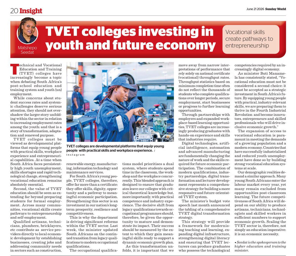 HigherEduSpox's tweet photo. Vocational education and training is key to South Africa’s economic growth. https://t.co/lYatwKLCpt