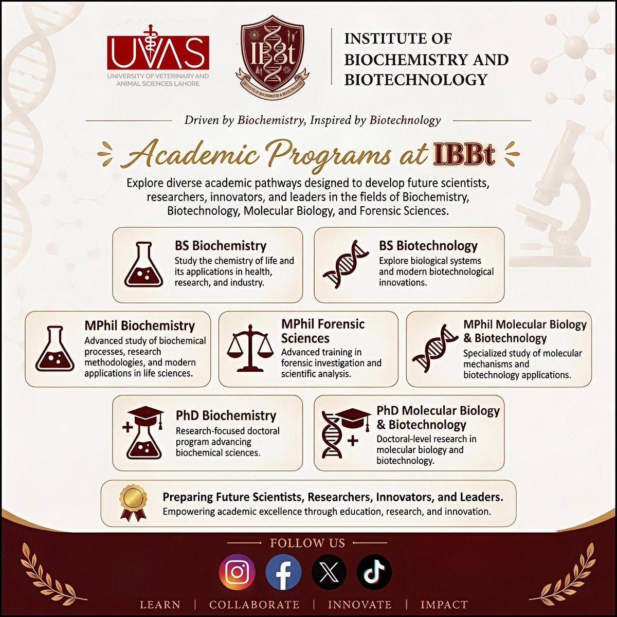ibbtsocial's tweet photo. Explore diverse academic pathways designed to develop the future scientists, researchers, innovators, and leaders of tomorrow. 🥼👩‍🔬

At the Institute of Biochemistry and Biotechnology (IBBt), UVAS Lahore, we shape minds for global impact. 
#ibbt #uvas #uvaslahore #biochemistry https://t.co/jlHA8Rqz6T