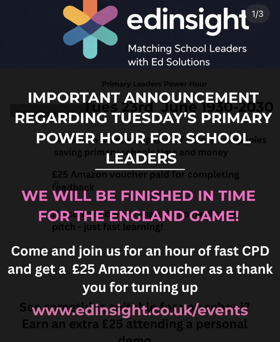 EdInsightEvents's tweet photo. If any Heads/Deputies were able to spare an hr before the ⚽️🏴󠁧󠁢󠁥󠁮󠁧󠁿 game to join our online Power Hour we’d be mega grateful. Plus £25 Amazon voucher for each attendee who complete the feedback form on the night. 🙏🙏🙏 https://t.co/Qeveb49Hw2