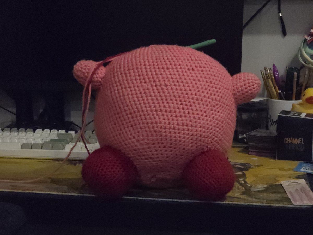 GetB4ss's tweet photo. I crocheted this Kirby for a friend's birthday! 

I think this is the first amigurumi I've done without a pre-written pattern? He's about 90% orb though, so pretty darn easy to freehand. #crochet #amigurumi https://t.co/I68vTw5FjI