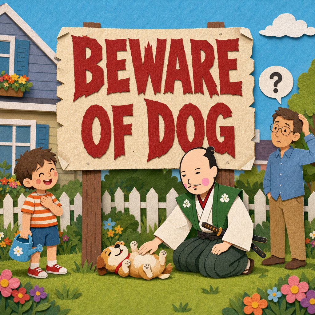japan_nobunaga's tweet photo. I stopped three steps from the gate, removed my coat, and rolled one sleeve. The sign was clear. Black metal, sharp letters, a beast caught mid-lunge. BEWARE OF DOG.

In my country a notice like this is a kindness. The host warns the guest: prepare yourself. So I did. My mouth went dry. I opened the gate slow.

From behind a flowerpot came a noise like a squeaky toy with opinions.

Then a small white dog walked out. It was the size of a loaf of bread. It sat. One ear stood up.

My friend came out drinking coffee. He saw my coat on the ground, my sleeve rolled to the elbow.

"Oh, that's Biscuit," he said. "He's friendly."

Friendly. A test, surely. The beast hides its form to measure the visitor. I knelt and offered my open hand, the way you honor a worthy opponent before the bout.

Biscuit licked my thumb and rolled onto his back.

"He likes belly rubs."

The creature demanded tribute. I gave it. Both hands, full sincerity. Biscuit kicked one leg in the air. I had passed.

Then he trotted to the porch, returned with a wet tennis ball, and dropped it on my foot.

A second trial. I threw it across the yard with everything I had. Biscuit watched it fly, looked back at me, and did not move.

"He doesn't fetch. He just likes you to hold the ball."

So I held the ball. The whole afternoon. You do not drop the duty handed to you by a worthy beast, even one shaped like bread.

When I left, the sign still stood. BEWARE OF DOG. It had not lied. I was leaving with a wet sleeve and a small white commander I would think about for years.