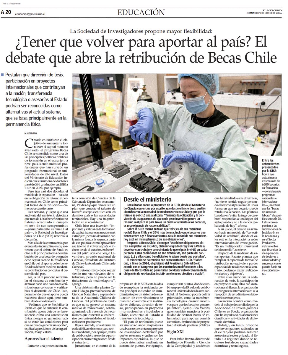 sergiolavandero's tweet photo. Debate sobre #BecasChile revela un problema más profundo. Formamos capital humano avanzado, pero sin una estrategia adecuada para la reinserción y el aprovechamiento del talento. La retribución debe medirse por impacto: ciencia, innovación, formación y políticas públicas https://t.co/nKCQwJEz5Y