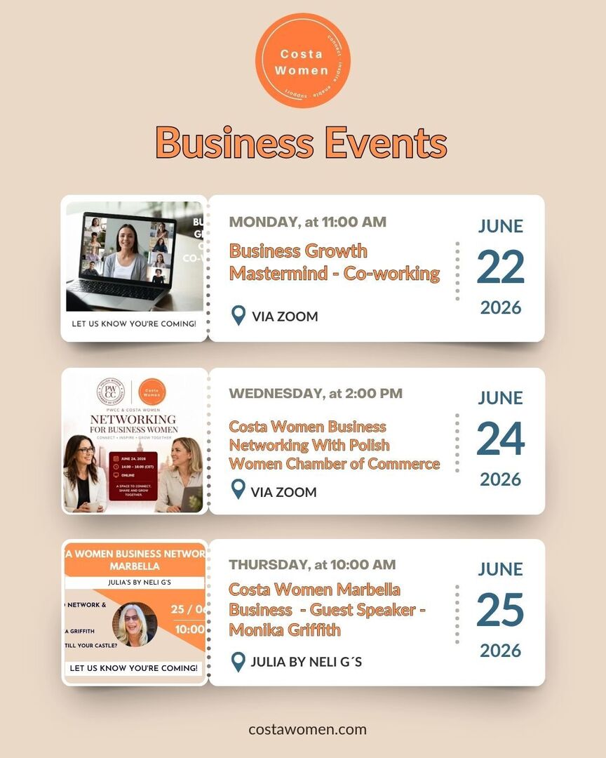 costawomen's tweet photo. A new week of Costa Women business events is here. 💜

This week we have co-working, international online networking, practical business conversations and two in-person networking events in Estepona and Nerja.

Mon, June 22 • 11:00 am via Zoom
Business … https://t.co/rwszobqdQc https://t.co/FBJFg5QPau