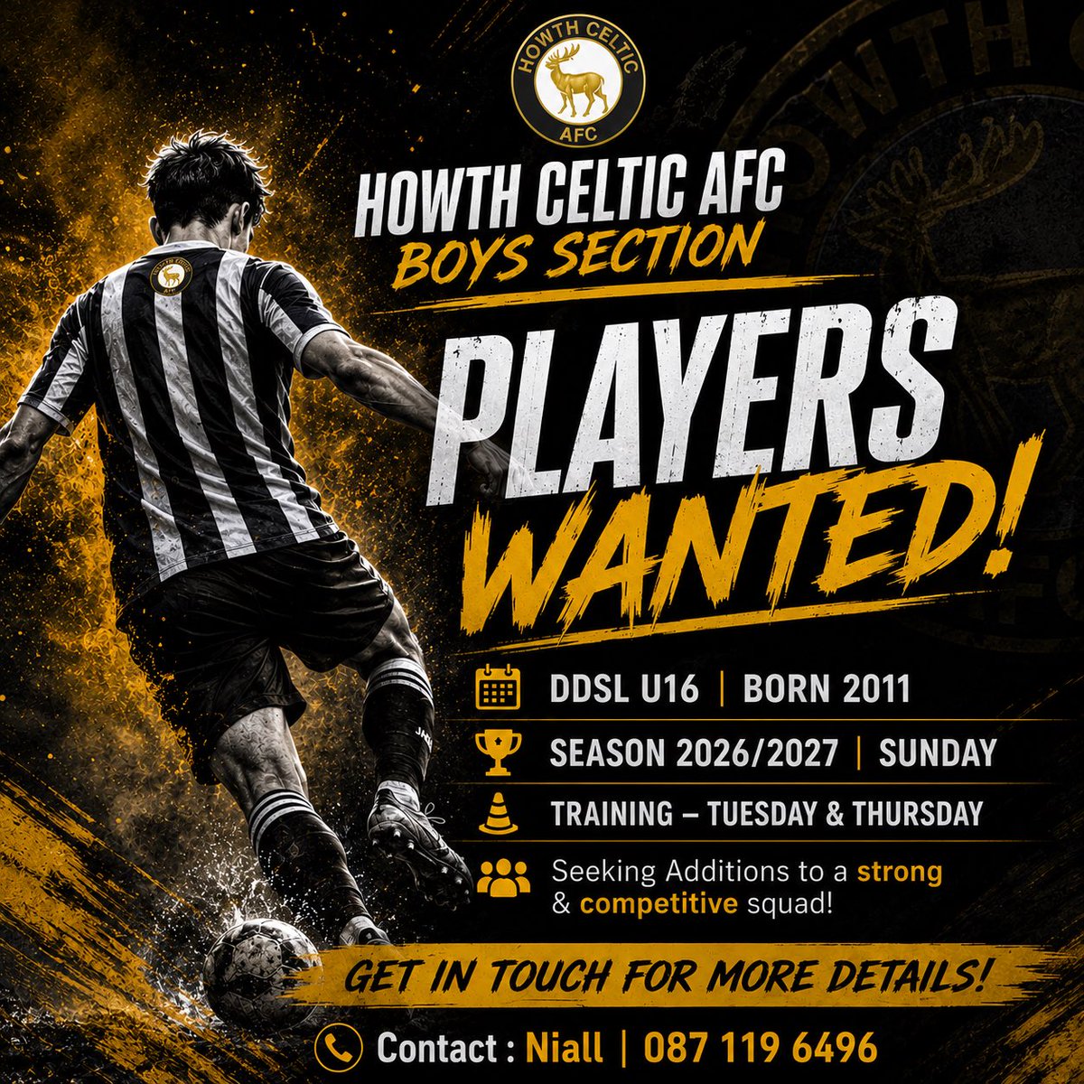 howthcelticafc's tweet photo. ⚽️ | 𝐏𝐋𝐀𝐘𝐄𝐑𝐒 𝐖𝐀𝐍𝐓𝐄𝐃! - 𝐃𝐃𝐒𝐋 𝐔𝟏𝟔 𝐁𝐨𝐲𝐬 𝐁𝐨𝐫𝐧 𝟐𝟎𝟏𝟏

Our DDSL U16 Boys are on the lookout for new players for the exciting 26/27 season! 🙌

If interested in becoming part of this squad, please get in touch through the details in the poster! 📞

#HCFC https://t.co/J9HXuNVxfm