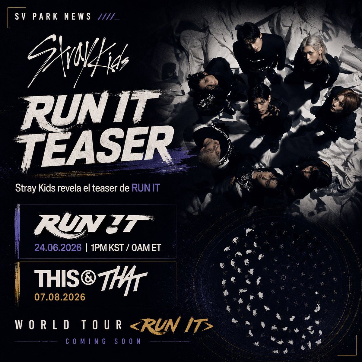 StayvillePark's tweet photo. Stray Kids lanzó el teaser de “RUN IT”, marcando el inicio de una nueva etapa con el comeback  THIS &amp; THAT.

🏁 RUN IT (24 JUN) 
 1PM KST | 0AM ET

🎵 THIS &amp; THAT (7 AGO)
 1PM KST | 0AM ET

#StrayKids #스트레이키즈 #THIS_AND_THAT #RUN_IT #StrayKidsComeback #YouMakeStrayKidsStay https://t.co/8oUA6G6EVa