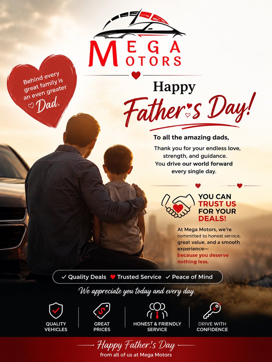 LODrighteous's tweet photo. To every dad who sacrifices, provides, and loves unconditionally—Happy Father’s Day! ❤️ From all of us at Mega Motors, thank you for driving your families forward. You can always trust us for quality vehicles and honest deals. 🚗🤝 #HappyFathersDay #MegaMotors https://t.co/y71bM9rJGT