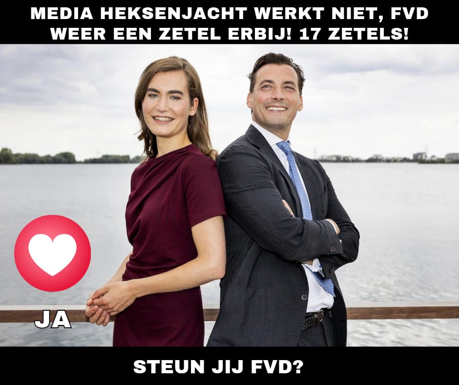 KAFKA_Dev's tweet photo. De HEKSENJACHTEN werken niet meer. 
Ze doen zoveel moeite om FVD te demoniseren &amp; FVD blijft maar stijgen! 
17 zetels, op naar de 20! 

Doe een ❤️ &amp; RT als jij FVD steunt! https://t.co/3tsbbnBi9Q