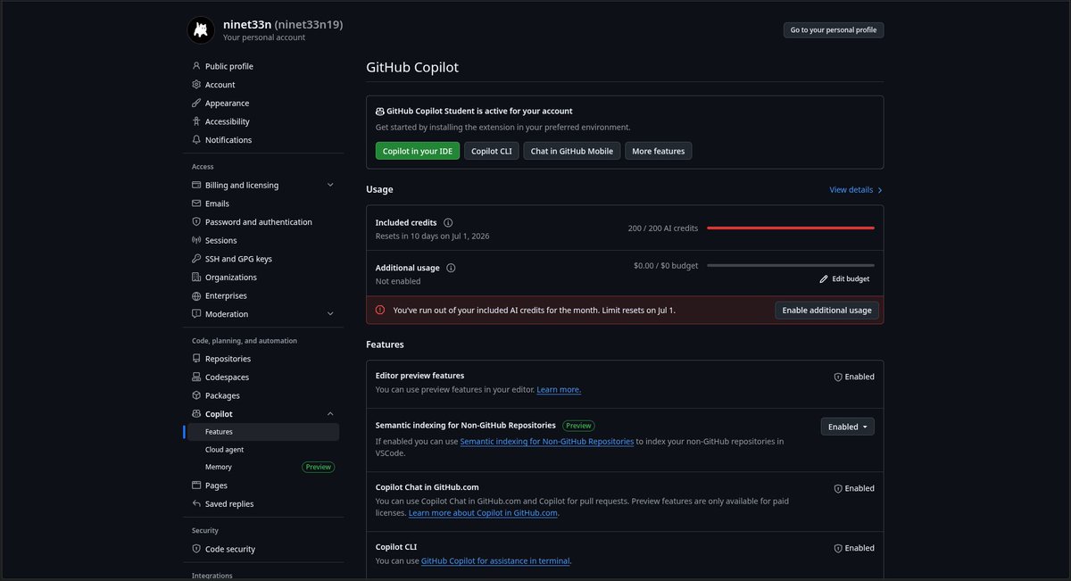 _ninet33n_'s tweet photo. you got to be fucking kidding me considering I hardly used my plan. Thanks github for providing me with 2 dollars worth of agents 😀 https://t.co/ug5oafkskA