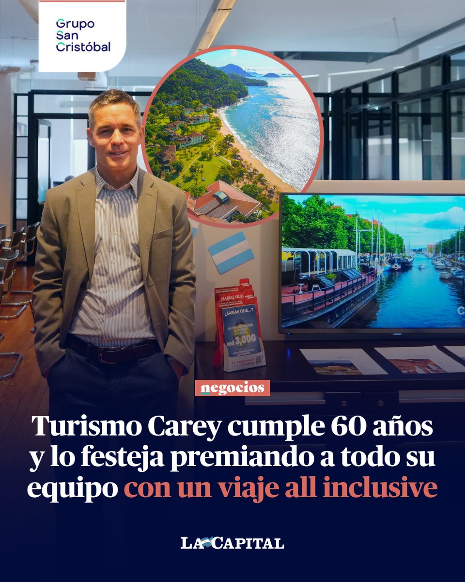 lacapital's tweet photo. TURISMO CAREY CELEBRA SU ANIVERSARIO PREMIANDO A SU EQUIPO ✈️💼

🌴La histórica agencia rosarina Turismo Carey está de festejo por su 60° aniversario y su CEO, Ignacio Fleming, decidió premiar a los 17 integrantes de su equipo organizando un viaje all inclusive al paradisíaco Club Med en Río das Pedras, Brasil, para compartir y relajarse fuera del ámbito laboral.

Fleming aseguró que es una forma de premiar a "nuestro activo más importante, los recursos humanos”.

La historia de esta icónica pyme comenzó en el año 1966 gracias a la inmensa visión de Nelda Russomanno de Carey, una de las primeras mujeres empresarias de nuestra ciudad que dio sus primeros pasos en el rubro recibiendo a las escuelas que llegaban a Rosario a jurar la bandera.

→ https://t.co/4ff40XfwPF

Por María Laura Neffen
📸 Virginia Benedetto / La Capital