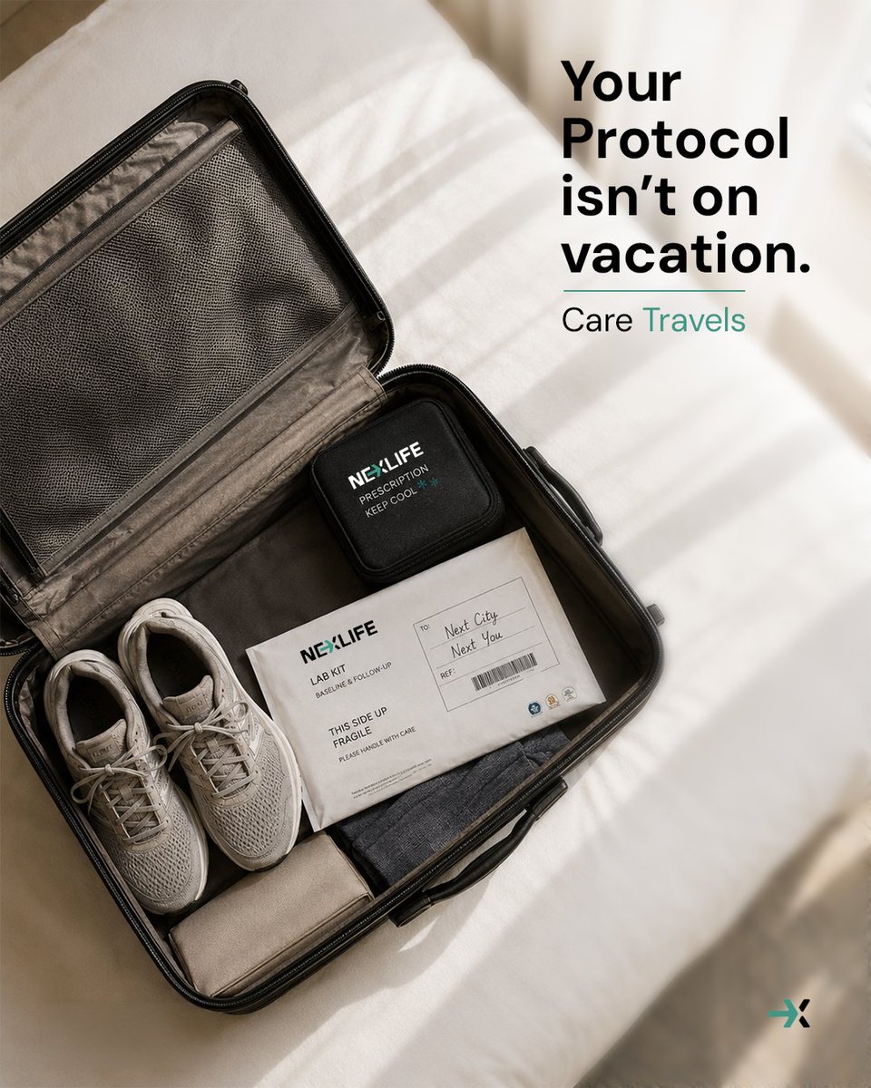 JoinNexLife's tweet photo. Your protocol isn't on vacation.

Prescriptions, lab kits, follow-ups — your care travels with you. Consistency is what turns a plan into results. ✈️

#CareTravels #Longevity https://t.co/QSN9NcVj9s