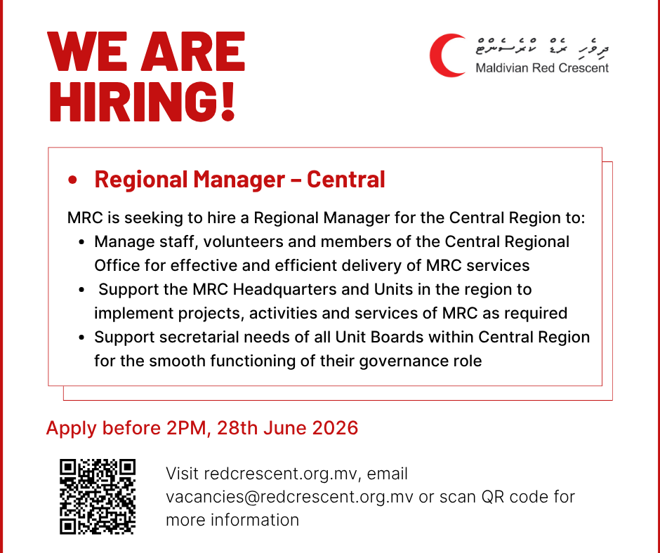 maldivianrc's tweet photo. 📢 Vacancy Announcement

🔴Regional Manager – Central: https://t.co/mfxGZOAjeE

Apply before 2PM, 28th June 2026.

For more info email vacancies@redcrescent.org.mv https://t.co/Qf0SeVcFZU
