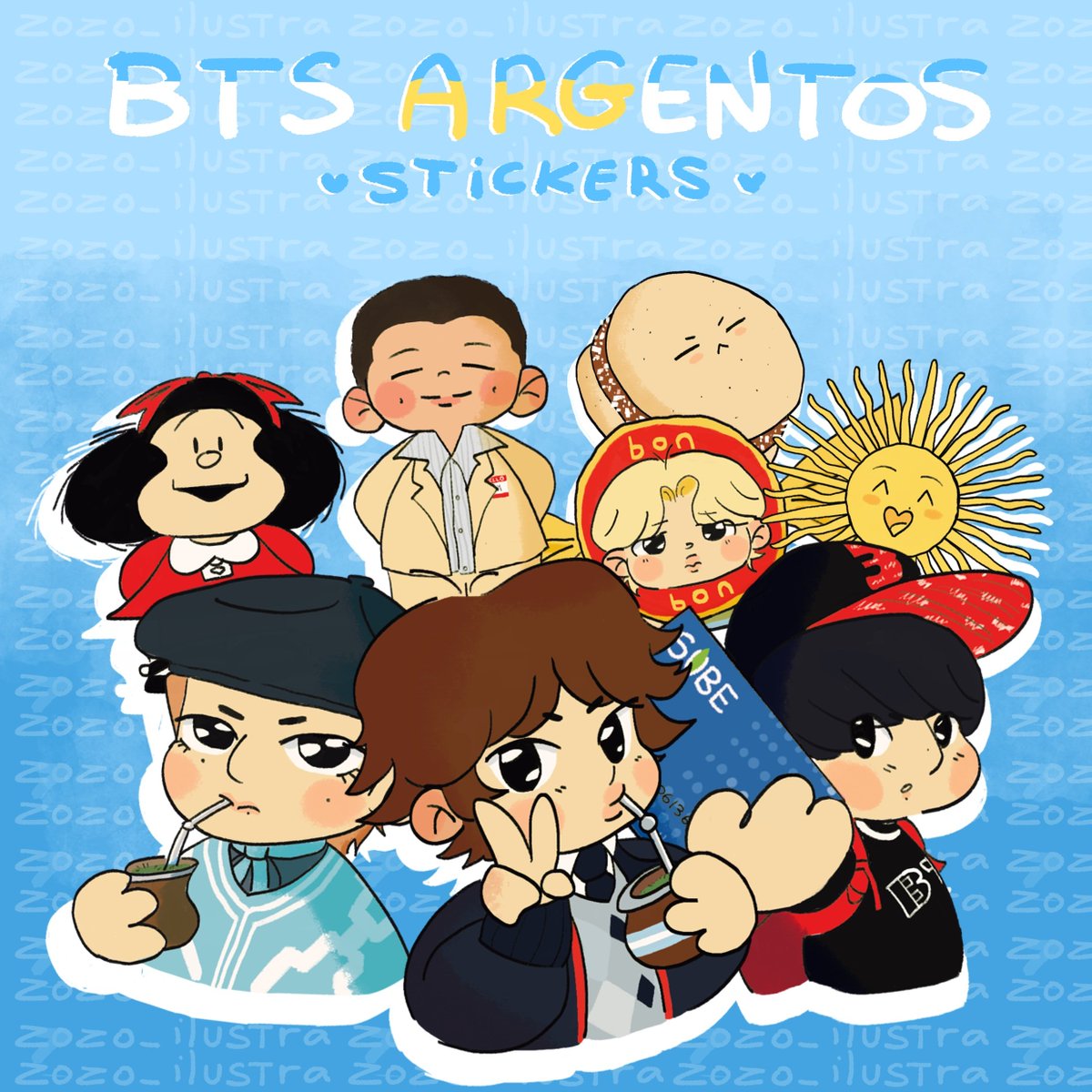 lesborahae's tweet photo. hermanas!! me complace informarles q empecé mi propio emprendimiento y por el momento voy a estar vendiendo estos stickers de bts argentos ilustrados por mí <3 con compartir este tuit me estarían ayudando un montón. toda la info en mi ig https://t.co/miV3C2h5bV https://t.co/ooIjlcXmOX