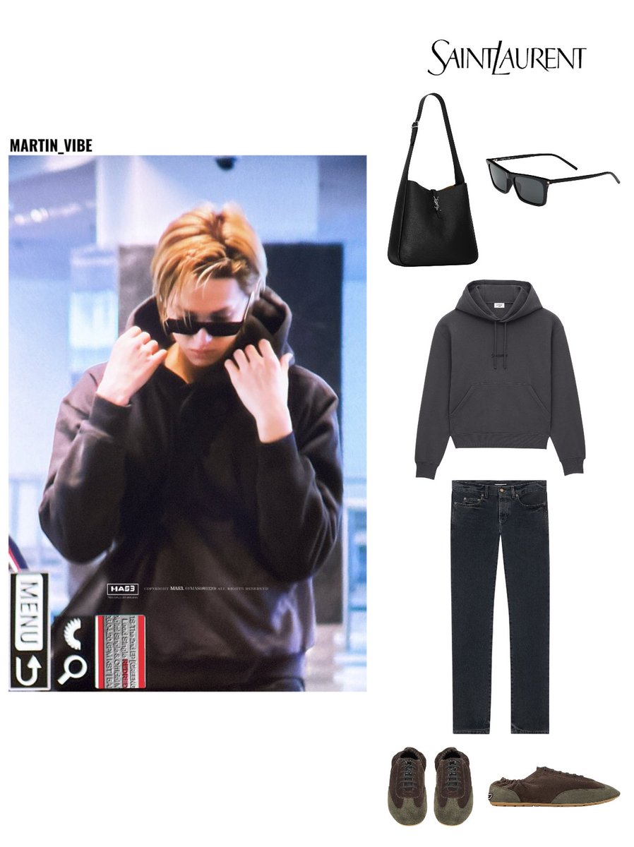 _MARTIN_VIBE's tweet photo. 260621 Airport Martin’s outfit

YSL MEN'S READY TO WEAR

SAINT LAURENT
🕶 Bag: LE 5 À 7 maxi hobo in grained leather-BLACK AND RUSTIC CAMEL 
(approx. $3,400)
🕶 Sunglasses: SL 890 BETTY THIN-BLACK 
(approx. $420)
🕶 Top: SAINT LAURENT HOODIE-GRIS FONCE 
(approx. $1,190)
🕶 Pants: Slim-Fit Jeans in Dark Blue Black denim-DARK BLUE BLACK
 (approx. $980)
🕶 Shoes: LEWIS sneakers in suede-BLOW TAUPE / AMARA KHAKI 
(approx. $930)

cr. @MAS080320 (thanks for the authorization)

Looking forward to Paris Fashion Week!
#MARTIN #마틴 #CORTIS #코르티스  #ysl #fashion #ootd #style #vibe