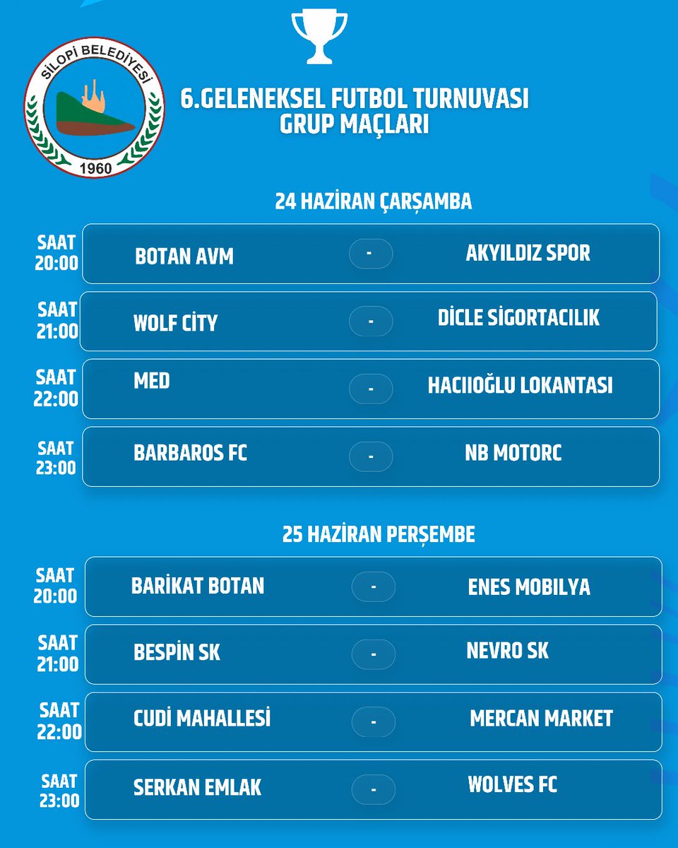 Silopibld's tweet photo. ⚽ Bağımlılığa Karşı Düzenlediğimiz 6. Geleneksel Futbol Turnuvamızın 22 Haziran —— 27 Haziran arasında oynanacak maçlar; https://t.co/afu7zLLgLx