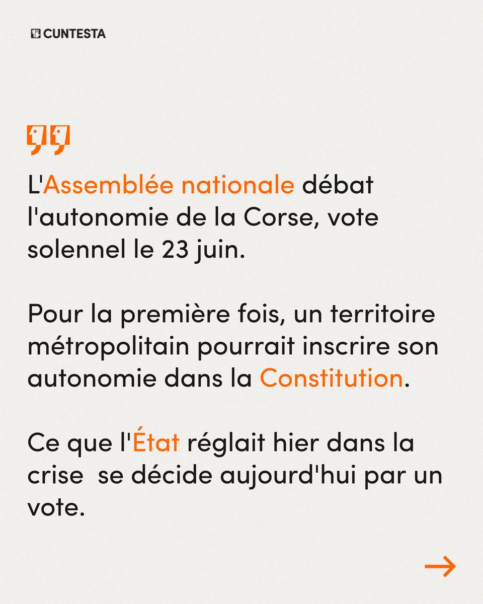cuntesta_pod's tweet photo. Le 23 juin, l'Assemblée vote l'autonomie de la Corse. Le litige n'est pas le statut, c'est le mot. 

Pour les indépendantiste, une question demeure.
Un peuple qui décide ou un peuple qui descend.
L'émancipation ou la forteresse.

Olivier Sauli, Core in Fronte, ancien du FLNC. https://t.co/uM7VeHyp7q