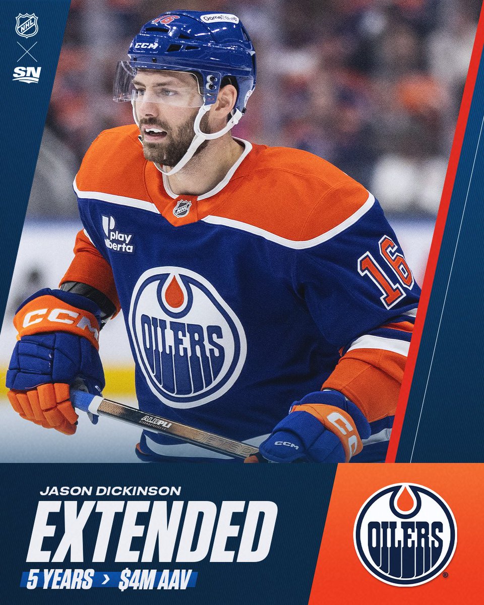 Sportsnet's tweet photo. Jason Dickinson is signing a five-year deal with the Oilers ✍️ https://t.co/qA1iXL1LOr