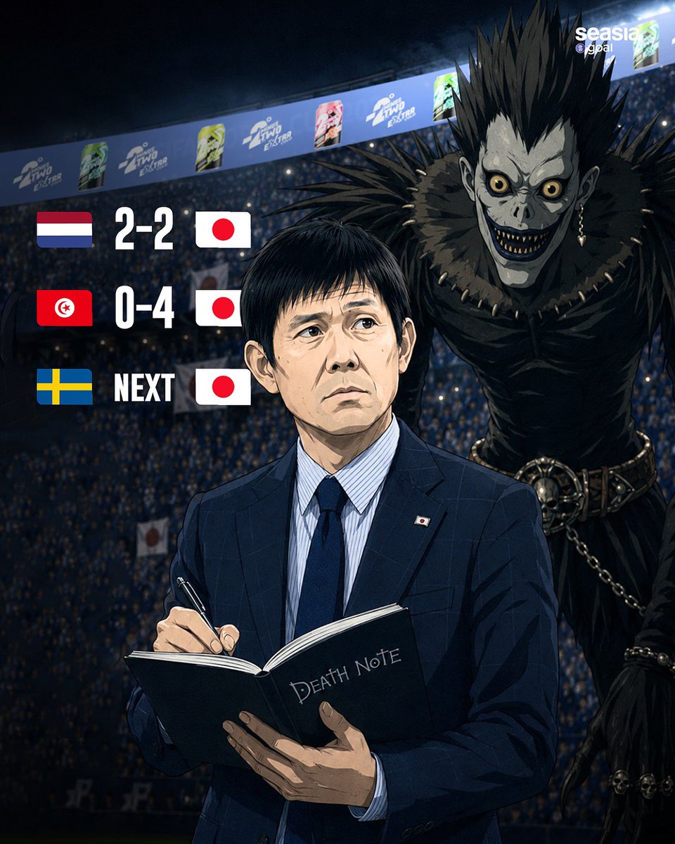 Xrkt111686's tweet photo. JAPAN ARE USING THE DEATH NOTE 💀

🇳🇱 2-2 🇯🇵
🇹🇳 0-4 🇯🇵

And Sweden are next 😭👀 https://t.co/8acKRlljFS