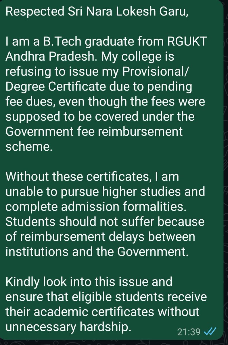 ChocotiCass's tweet photo. Dear @naralokesh garu,

RGUKT students are not being issued Degree/Provisional Certificates due to pending fee reimbursement dues. This is affecting our higher studies and admissions.

Kindly intervene and help us get our certificates. 🙏

#RGUKT #StudentRights https://t.co/Qj8bXQZHuQ