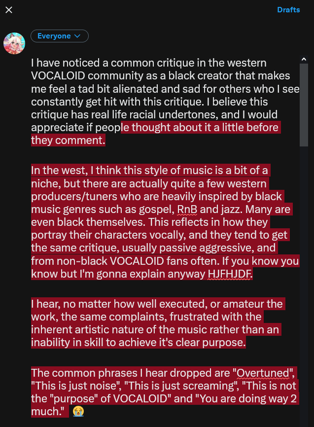 JazzyWasseh's tweet photo. sorry im getting serious again LOL 💔

but i wanna talk lightly abt something I've noticed around the slight racial undertones in "overtuning" criticism from the western VOCALOID Community 

also u should watch the video i put in the replies if you're confused what im talking abt https://t.co/xAqlreVosf