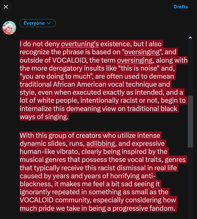 JazzyWasseh's tweet photo. sorry im getting serious again LOL 💔

but i wanna talk lightly abt something I've noticed around the slight racial undertones in "overtuning" criticism from the western VOCALOID Community 

also u should watch the video i put in the replies if you're confused what im talking abt https://t.co/xAqlreVosf