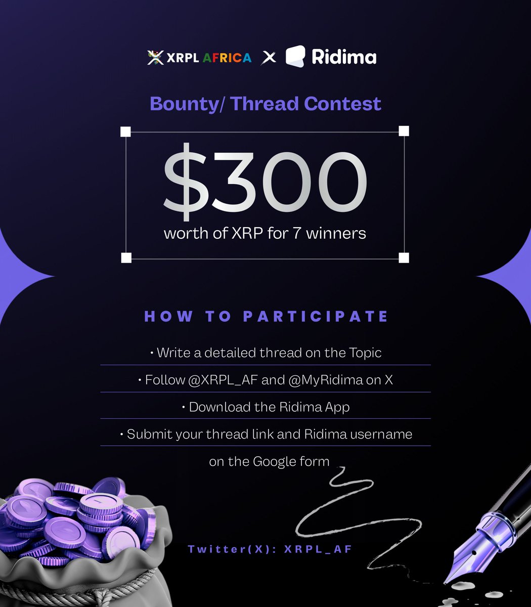alpha_daoCT's tweet photo. 🧵 1/4

🚨 XRPL Africa x Ridima Thread Contest is LIVE 🚨

Writers, this one is for you ✍️

Win from a $300 prize pool in XRP by creating a thread on how @myridima improves the P2P trading experience of XRP.

Submissions close June 22, 2026. https://t.co/0mAMqdAkB2