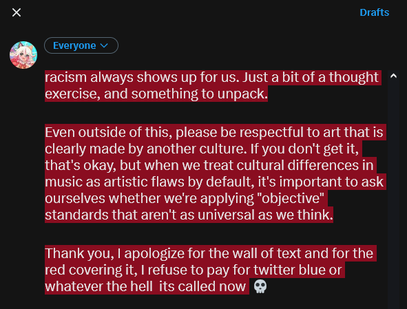 JazzyWasseh's tweet photo. sorry im getting serious again LOL 💔

but i wanna talk lightly abt something I've noticed around the slight racial undertones in "overtuning" criticism from the western VOCALOID Community 

also u should watch the video i put in the replies if you're confused what im talking abt https://t.co/xAqlreVosf