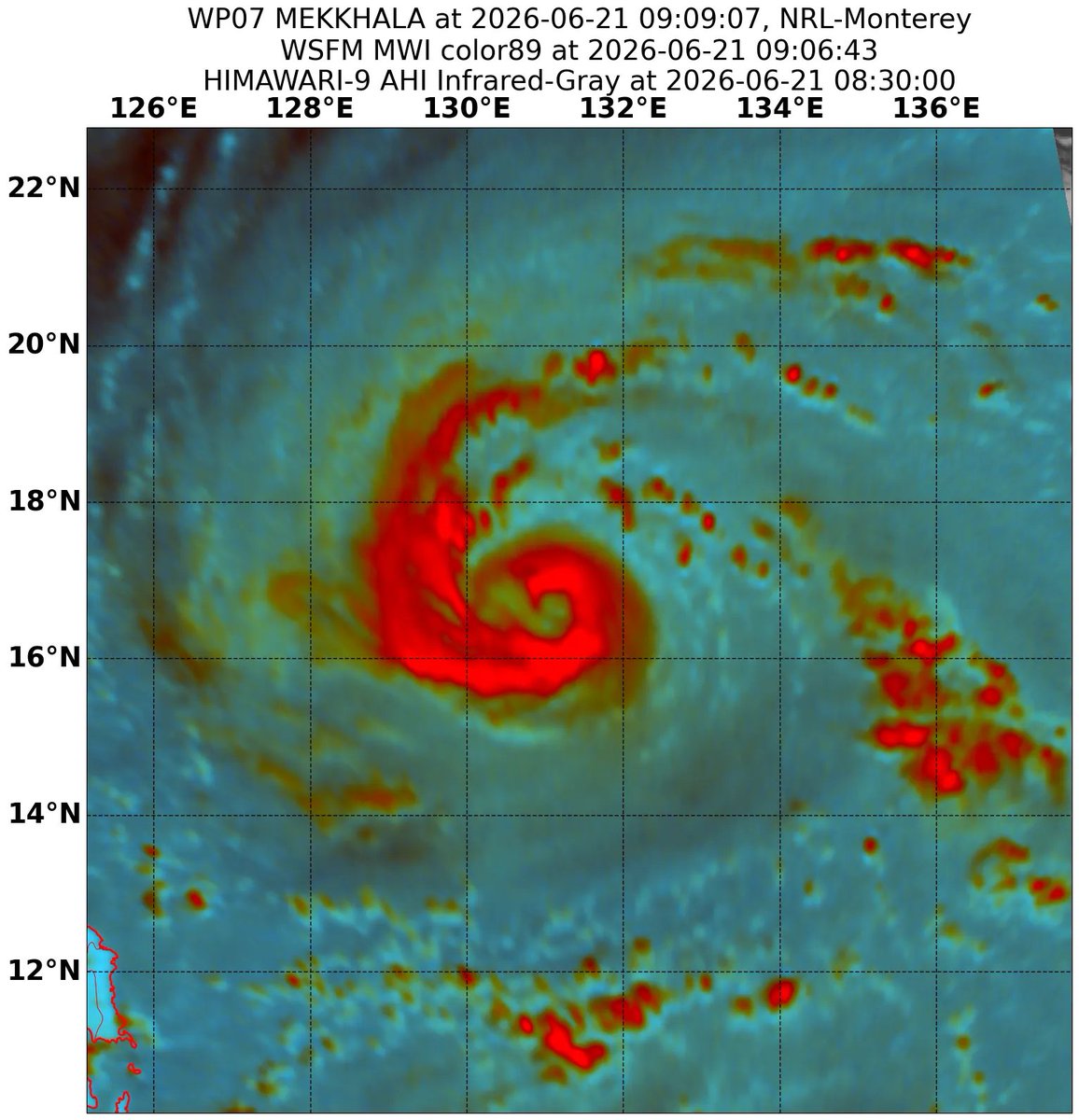 Sausius_wx's tweet photo. Mekkhala has become a typhoon since I last checked in on her. MW and MSI from this morning indicated a healthy cyclone about to complete core formation. Since then a bit of a hiccup it seems, likely due to shear. Now looking good again and propably embarking on a period of RI. https://t.co/O0RUKfGsGq