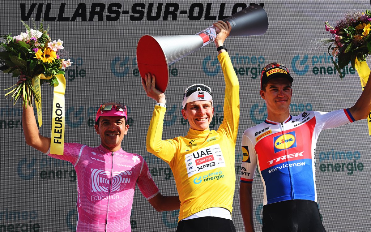 UCI_cycling's tweet photo. 2026 @tds podium 👇

🥇 Tadej Pogačar 🇸🇮 | @TeamEmiratesUAE 
🥈 Richard Carapaz 🇪🇨 | @EFprocycling 
🥉 Mathias Vacek 🇨🇿 | @LidlTrek 

📸 @GettySport | #TourdeSuisse #TDS2026 https://t.co/07xSeizMfw