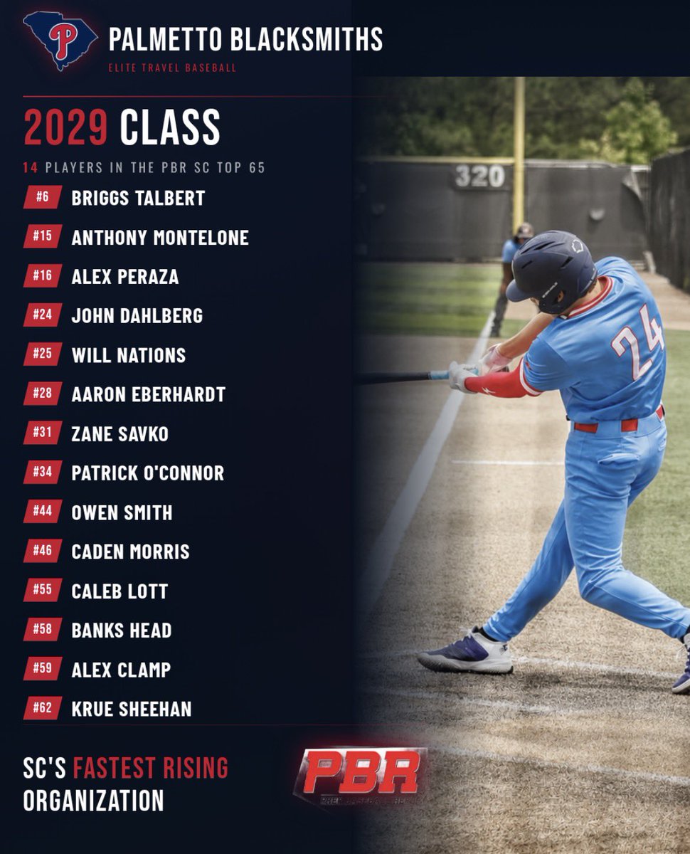 BlacksmithsBase's tweet photo. The 2029 Blacksmiths are well represented in the latest @PrepBaseball_SC rankings! The fastest rising organization in SC! https://t.co/JU5ShI64HW