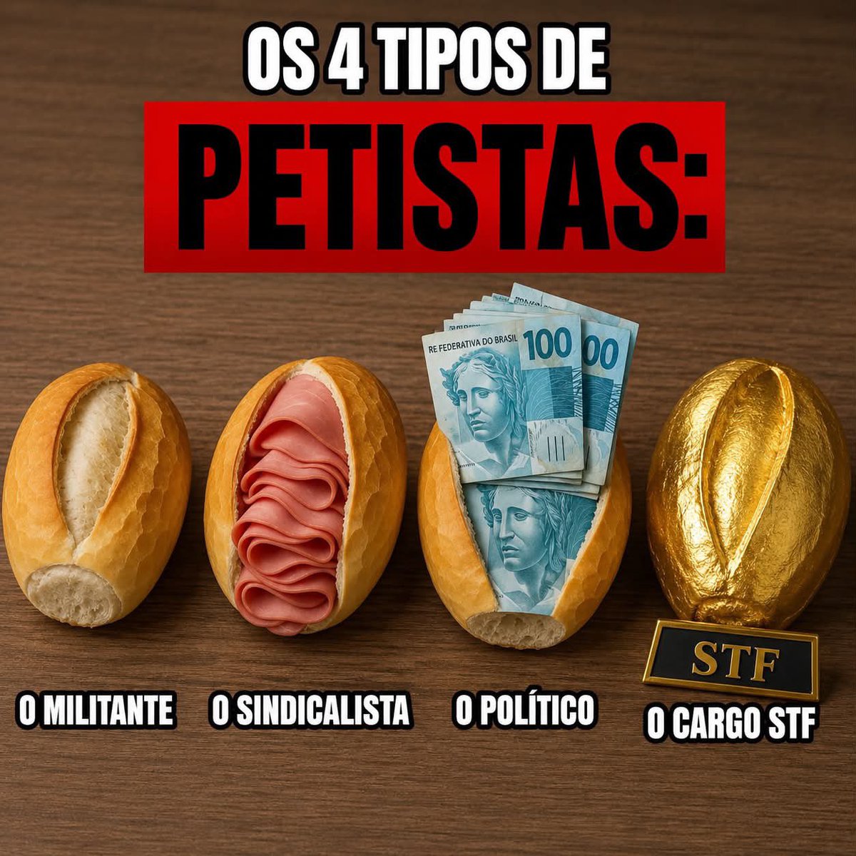 MatiasMatinhos0's tweet photo. 🥖 OS 4 TIPOS DE PETISTAS? 😂

A criatividade da internet segue sem freio! Entre memes, montagens e sátiras políticas, essa imagem já está rendendo comentários e compartilhamentos por todo lado. 🤣

#Lula #PT #Meme #Política #Viral #LulaMasterPt https://t.co/s1Kt1QnwEU