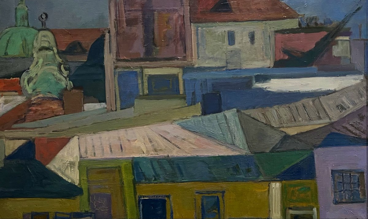 gmoult's tweet photo. a similar scene from sixty years ago 

zygmunt radnicki, above the roofs of kraków (1962) https://t.co/Sr2nm6jS5D