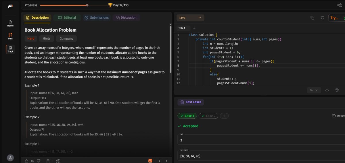 VithyaaCk's tweet photo. Day 21/45 of #SDESheetChallenge

Solved: 
 Median of 2 Sorted Arrays
 Kth Element of 2 Sorted Arrays
Allocate Minimum Number of Pages
 Aggressive cows

#TakeUForward #DSA #BinarySearch #CodingJourney

@takeUforward_ @striver_79 https://t.co/DTMmH1ykeg