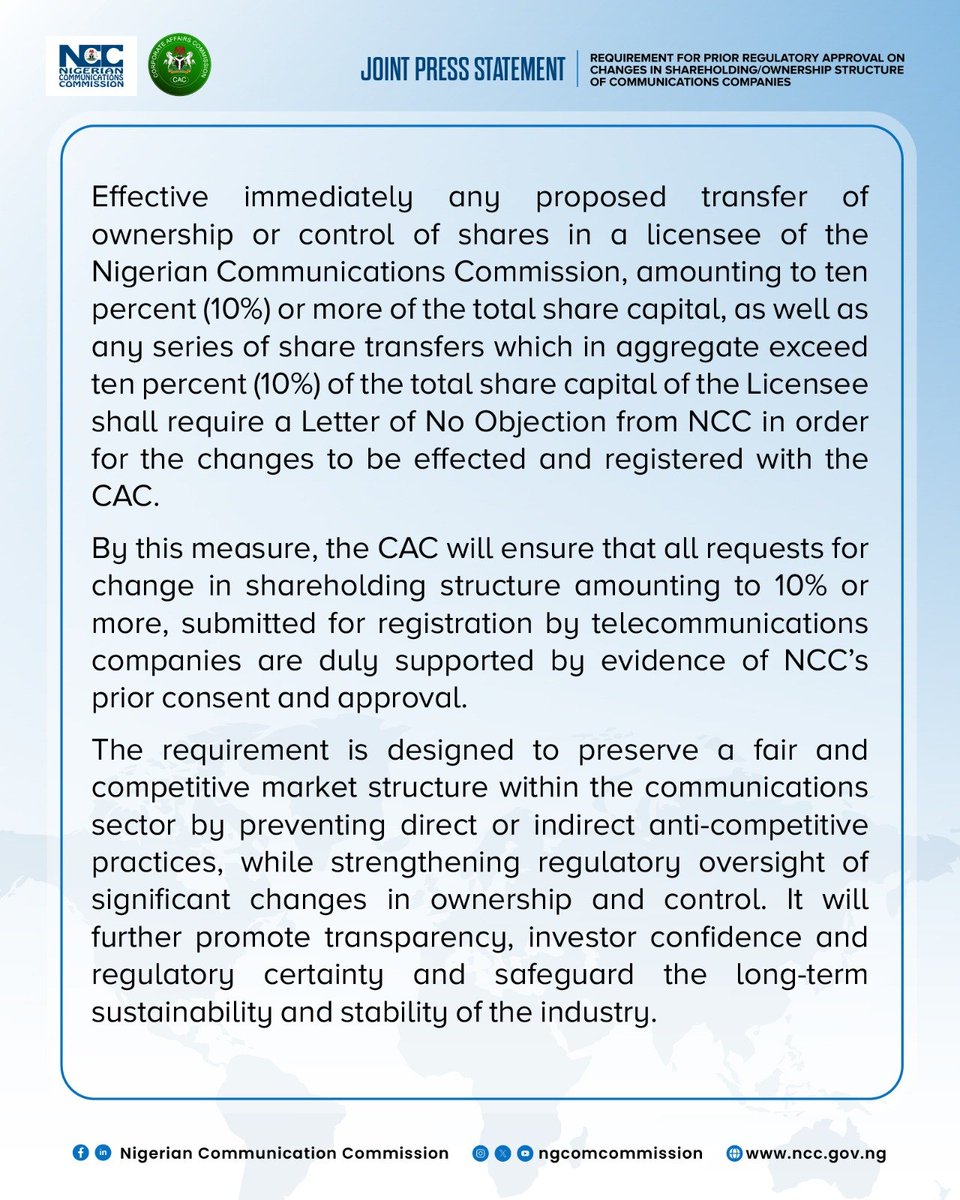 NgComCommission's tweet photo. Joint Press Statement: Requirement for Prior Regulatory Approval on Changes in Shareholding/Ownership Structure of Communications Companies https://t.co/4Gt9WZBFjR