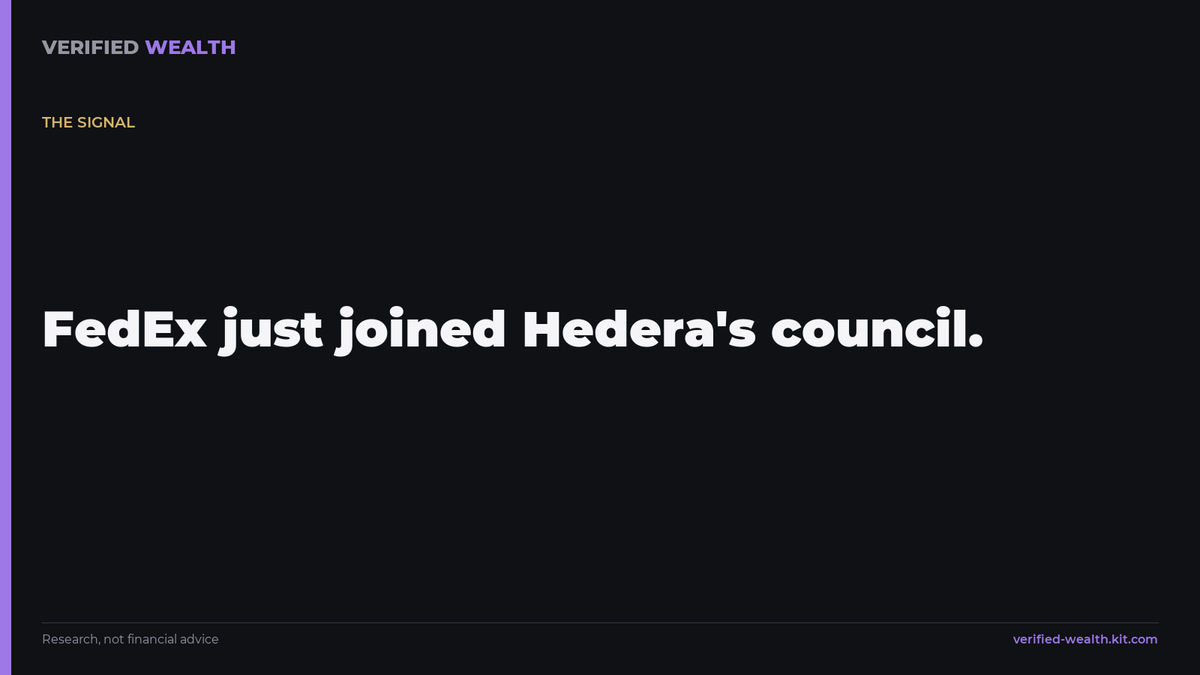 VWFADZ's tweet photo. FedEx just joined the governing council of a blockchain.

The network is Hedera. The token is $HBAR.

When a logistics giant helps run the rails, 'crypto' isn't speculation anymore — it's infrastructure.

#HBAR #crypto https://t.co/Z90VmWhqTP