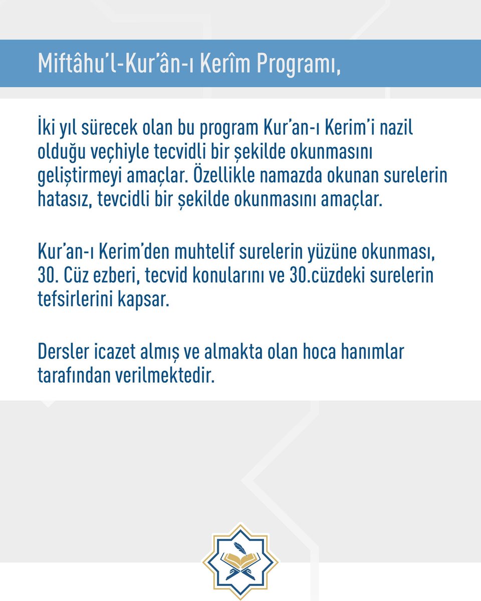 kevseriyye's tweet photo. Kevseriyye İslami İlimler Eğitim Araştırma Merkezini Tanıyalım -4 Miftâhu'l-Kur'ân-ı Kerîm Programı 

Kur'an-ı Kerim'i nazil olduğu veçhiyle, doğru ve tecvidli bir şekilde okumak isteyen hanımlara özel hazırladığımız iki yıllık programımız: Miftâhu'l-Kur'ân-ı Kerîm.

Kelâmullah'ı hakkıyla okumak ve bu bereketli iklimden istifade etmek isteyen tüm hanım kardeşlerimizi eğitim programımıza bekliyoruz.

#Kevseriyyeİslamiİlimler #MiftahulKuranıKerim #OnlineKuranEğitimi