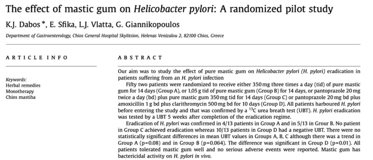 FarvingCo's tweet photo. Mastic gum ERADICATED H. pylori bacteria IN 14 DAYS. (study screenshot below)

That bloating after every meal? The acid reflux? The fatigue?

Nearly HALF the global population carries this bacteria right now — and most don’t know what it’s doing:

→ 5.9x increased risk of gastric cancer
→ 11% develop peptic ulcers within 10 years
→ 80% of ulcers come BACK if the bacteria isn’t killed
→ Persists for LIFE if untreated

All upstream of an H. pylori infection no doctor tested you for.

And the damage doesn’t stop there…

If you’ve had unexplained bloating, reflux, or stomach issues for years and nothing has worked — keep reading below.