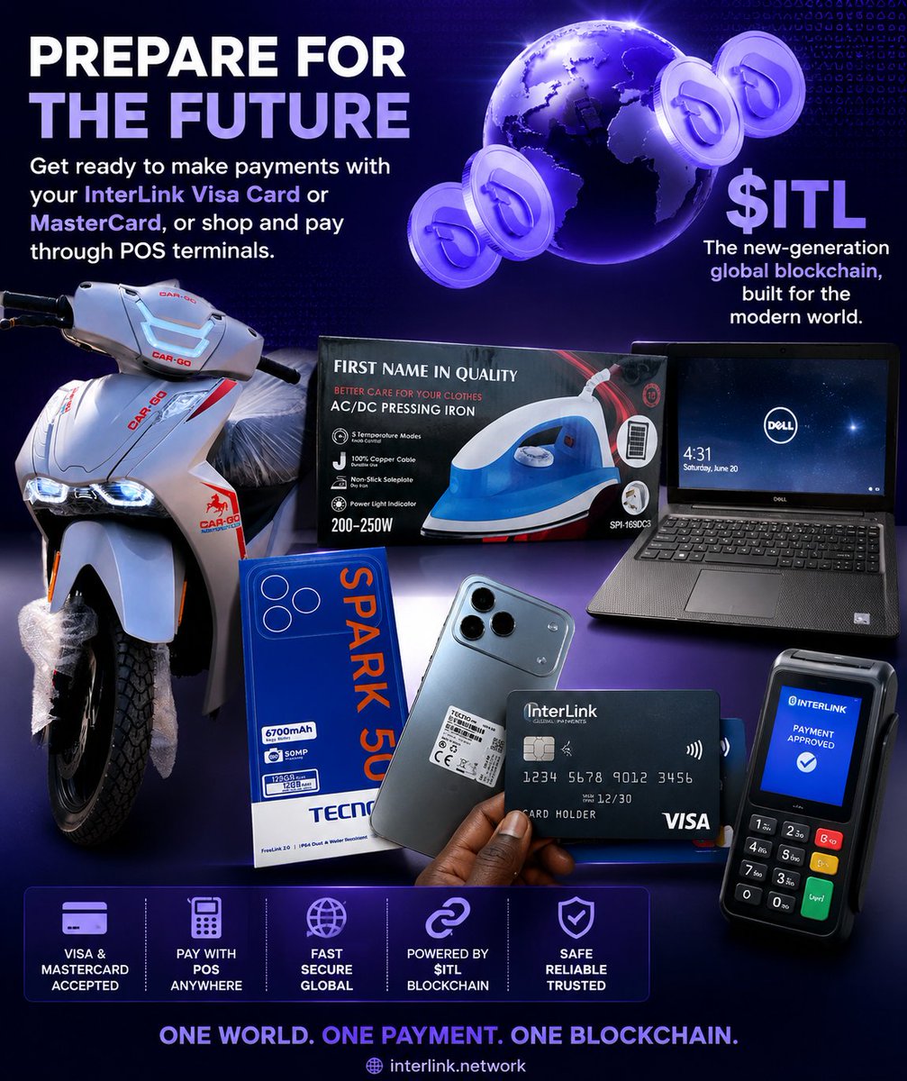 Alhajiamee21644's tweet photo. Prepare for the future. Get ready to make payments with your InterLink Visa Card or MasterCard, or shop and pay through POS terminals.
$ITL is the new-generation global blockchain, built for the modern world. #InterlinkInMyLive #ITLG #ITL #ITLX #ID 58234 #inviteID #294742 https://t.co/vwf7DOoBrn
