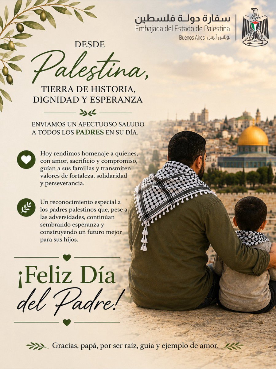AliciaCastroAR's tweet photo. 👨‍👧‍👦 Ser padre palestino es una forma de resistencia cotidiana.

Es proteger a sus hijos cuando no existe ningún lugar seguro.
Es sostener la esperanza en medio de la destrucción.
Es enseñar amor, dignidad y pertenencia mientras la guerra intenta arrebatarlo todo.

Desde octubre de 2023, la agresión israelí contra la Franja de Gaza ha provocado una catástrofe humanitaria sin precedentes:

🔴 Más de 73.000 palestinos han sido asesinados, entre ellos miles de padres, madres y niños.
🔴 Cerca de 1,9 millones de personas han sido desplazadas forzosamente, la inmensa mayoría de la población de Gaza.
🔴 Más del 80% de la infraestructura sanitaria ha sido destruida o dañada, mientras hospitales, escuelas, viviendas y servicios básicos han quedado devastados.
🔴 La gran mayoría de la población depende de ayuda humanitaria para sobrevivir y enfrenta una grave crisis de acceso al agua potable.

📌 Organismos internacionales, expertos en derechos humanos y relatores de las Naciones Unidas han denunciado graves violaciones del Derecho Internacional Humanitario y han advertido sobre el riesgo de genocidio en Gaza.

En este contexto de asedio, desplazamiento y sufrimiento, ser padre palestino es mucho más que un rol:

❤️ Es abrazar a los hijos cuando el miedo lo invade todo.
❤️ Es compartir el último pedazo de pan.
❤️ Es reconstruir la vida una y otra vez entre los escombros.
❤️ Es enseñar que la libertad, la justicia y la dignidad siguen siendo posibles.

💔 Miles de niños han perdido a sus padres.
💔 Miles de padres han perdido a sus hijos.
💔 Y miles continúan luchando cada día para mantener con vida a sus familias en condiciones extremas.

En este Día del Padre, rendimos homenaje a todos los padres palestinos: a quienes siguen protegiendo a sus familias en medio de la adversidad, a quienes fueron arrancados de sus seres queridos y a quienes han entregado su vida por el futuro de sus hijos.

 A los padres de Palestina: no están solos. Su firmeza inspira al mundo. Su amor es una forma de resistencia. Su dignidad es un ejemplo para toda la humanidad.

#DíaDelPadre #Palestina #Gaza #PadresPalestinos #FreePalestine