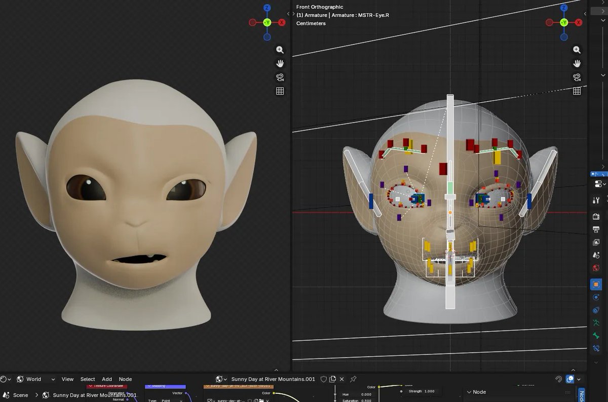 chocoecaramell's tweet photo. yoo been a while, came to share some new rigging type ive been learning with the advanced face rig course ! 
its so NICE to finally pose the eyes without them freaking out, def gonna use this type more now ~
still gotta do the mouth 💀

#blender #3db #rigging https://t.co/nVhPDp17yt