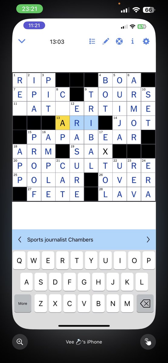 _AliciaLovesYou's tweet photo. @ariivory did anyone tell you that you were on yesterday’s NYT Crossword Puzzle?? I said wait what is she doing here??? https://t.co/r52YJZwSde