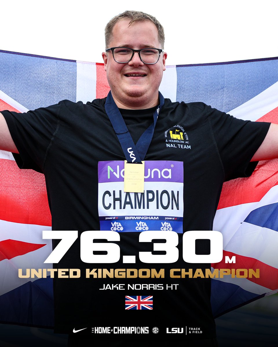 LSUTrackField's tweet photo. Back-to-Back-to-Back-to-Back. 🏆

Jake Norris is the UK Champion in hammer throw with 76.30 meters! 🇬🇧

#TheHomeofChampions https://t.co/jFDgEMrKvM